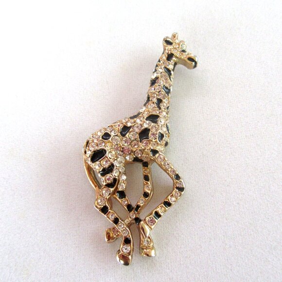 Vintage clear rhinestone & black enamel giraffe brooch - gold tone setting - Picture 3 of 7